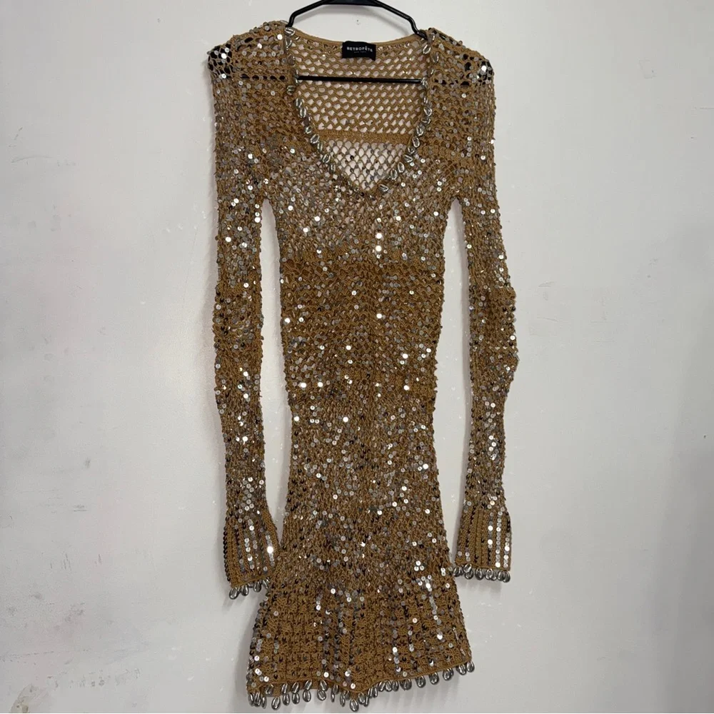 Retrofête Sequin Crochet Shell Embellished Dress Crochet Beach Dress bikinicover - Picture 3 of 9